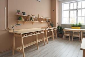 Stylish beige classroom with desk row and shelf. photo