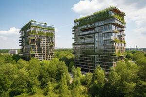 Urban sustainability. Insulation and nearby forest reduce heat and emissions in glass buildings. AI Generated photo