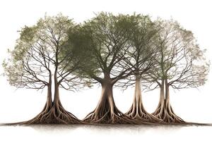 árbol grupos en blanco antecedentes con raíces. ai generado foto