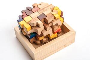 Brain shape wooden puzzle blocks for logical thinking. photo