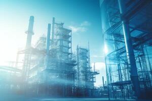 Petrochemical engineering. Blue and sunlight colored double exposure design. photo