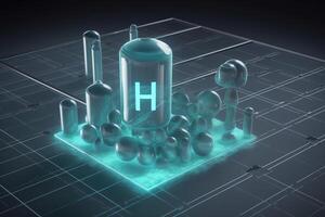 Hydrogen energy production with environmentally friendly resources and 3D image. photo