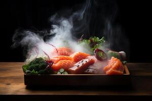 Raw salmon sashimi with ginger, wasabi, and veggies on wooden table with dry ice smoke. photo