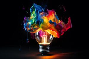 Creative light bulb exploding with multicolored paint. photo
