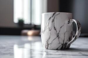 Coffee mug on marble countertop, modern kitchen background. photo