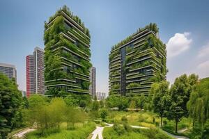 Green skyscrapers in sustainable city with trees and nature. photo