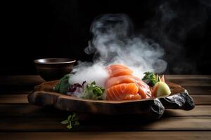 Raw salmon sashimi with ginger, wasabi, and veggies on wooden table with dry ice smoke. photo