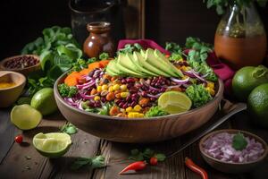 Mexican salad with fresh seasonal ingredients on table. photo