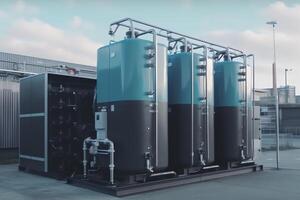 Hydrogen electrolysis equipment for energy storage and supplying energy to the city with hydrogen tanks. photo