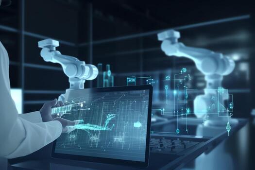 Industry 4.0 robot concept with engineers using tablets and robot arms. photo