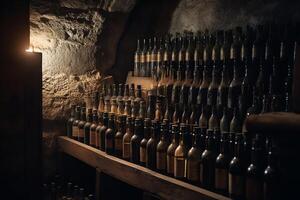 Wine bottles in old cellar with whiskey in storage. photo