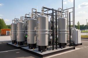 Hydrogen electrolysis equipment for energy storage and supplying energy to the city with hydrogen tanks. photo