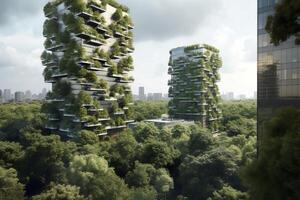 Green skyscrapers in sustainable city with trees and nature. photo