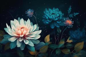 Botanical wallpaper with bioluminescence navy blue background and big flower. photo