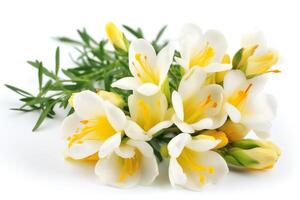 Freesia flower bouquet with leaves isolated on white. photo