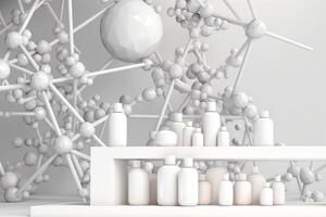 Molecule on white wall with cosmetic product display podium, 3D rendering. photo
