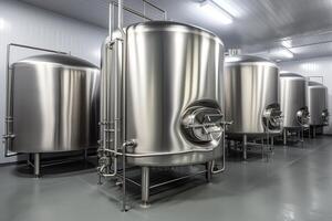 Dairy plant equipment. Stainless steel tanks. photo
