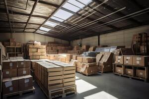 Efficient storage. Solar powered, air heated warehouse with organized cardboard boxes. photo