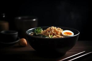 japonés ramen fideos sopa en negro bol. ai generado foto