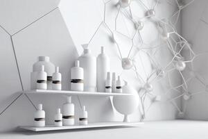 Molecule on white wall with cosmetic product display podium, 3D rendering. photo