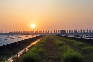 Solar panel power plant landscape at sunrise for sustainable energy. photo