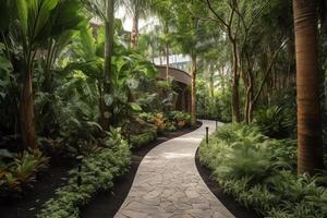Tropical plants and trees on walkway. photo