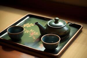 japonés té conjunto en estera. ai generado foto