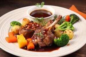 Succulent lamb chops and veggies dish. photo