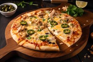 Chicken pizza on wooden plate with olives, jalapeno peppers, and ranch sauce. photo