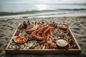 Mariscos bandeja con playa fondo. ai generado foto