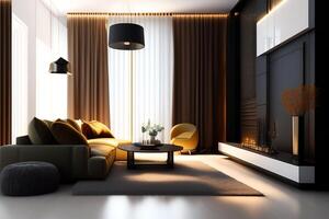 3d rendering of modern living room interior design with beautiful view. photo