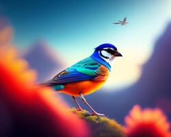 3d render of a colorful bird on a background of nature. photo