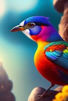 3d render of a colorful bird on a background of nature. photo
