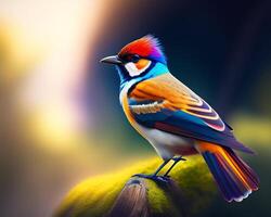 3d render of a colorful bird on a background of nature. photo