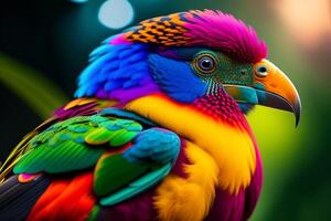 Colorful macaw parrot sitting on colorful bokeh background. ai generated photo