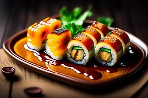 japonés cocina - maki Sushi con arroz y vegetales. ai generado foto