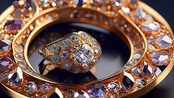 joyería anillo con precioso piedras 3d ilustración. dorado pulsera con diamantes ai generado foto