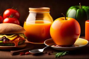 Homemade hamburger with fresh vegetables and sauce on wooden background.3d render. photo