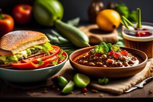 Vegetable salad with lentils and hamburger on wooden table. 3d render. photo