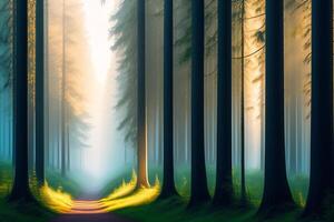 Fantasy landscape with foggy trees and rays of light. 3D rendering. photo