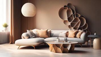 moderno vivo habitación interior con marrón sofá, café mesa y café mesa. ai generado foto