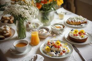 Breakfast on flower decorated table. photo