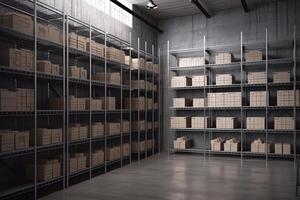 Efficient storage. 3D rendering of industrial shelves and boxes. photo