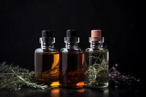 Tres botellas de productos cosméticos con esencial petróleo y hierbas en oscuro antecedentes. ai generado foto