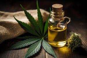 CBD oil for sleep with hemp leaf and mask. photo