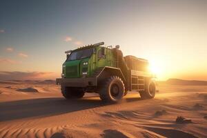 3D render of green energy mining truck on sandy landscape at sunset. photo