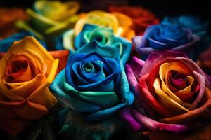 Close up detailed art of colorful spectrum rose collection. photo