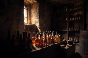 Wine bottles in old cellar with whiskey in storage. photo