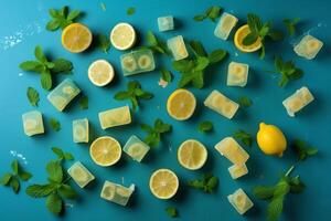Overhead of lime and lemon cubes with mint on blue background. photo