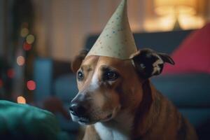 Dog in a party cap on a birthday on a holiday. Decorated room. . photo